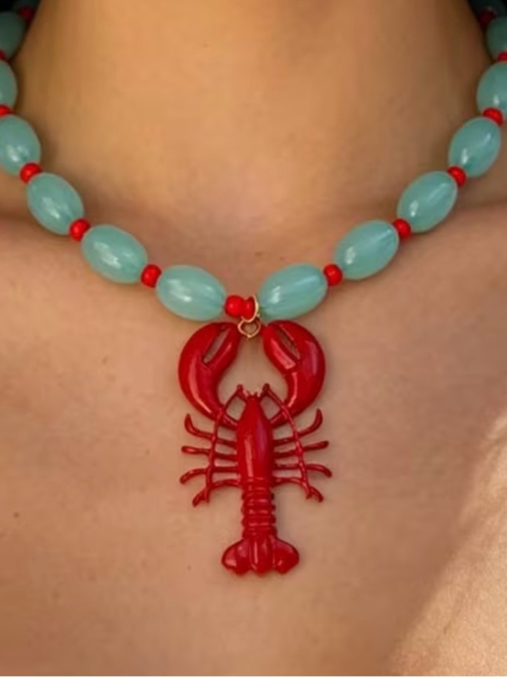 NWT Red Lobster Pendant Necklace with Aqua Beads, summer Jewelry